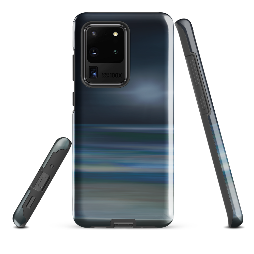 Dark abstract phone case with blue and grey streaks and glossy finish.
