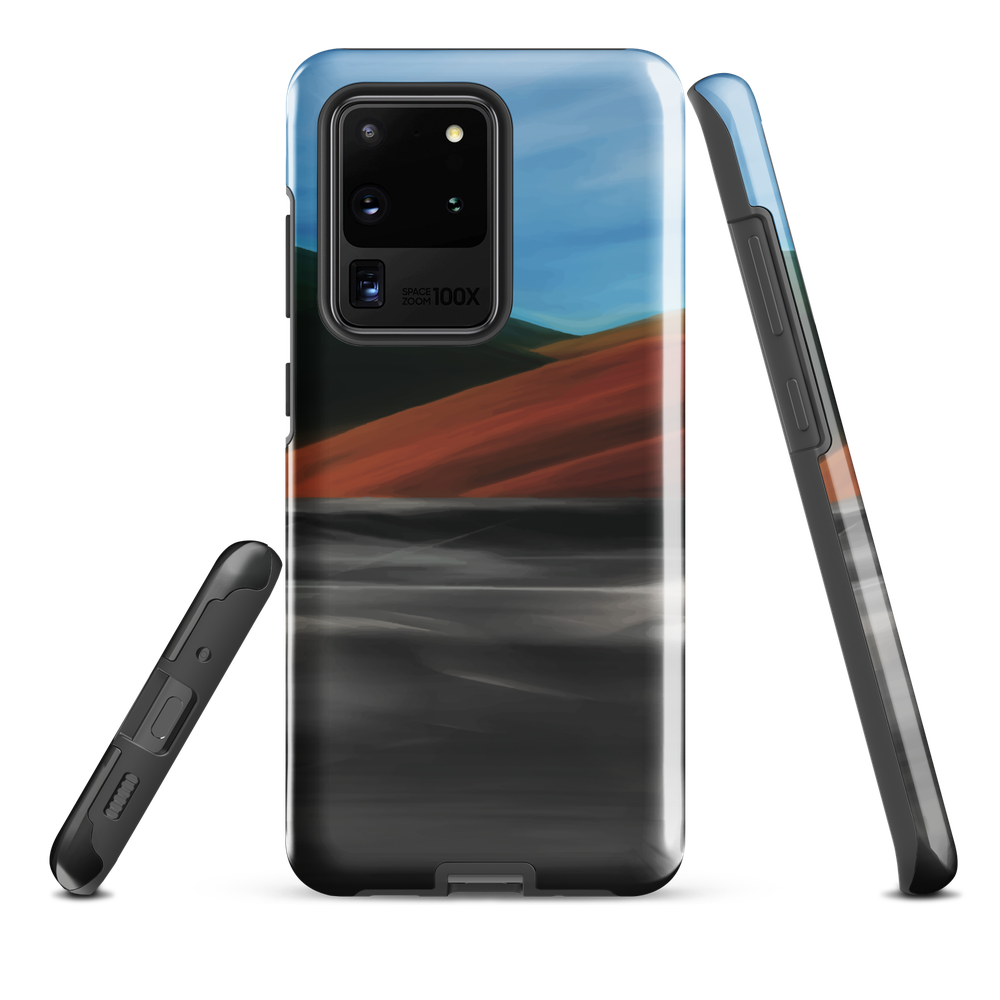Phone case with abstract red, green, and blue heat wave landscape design.