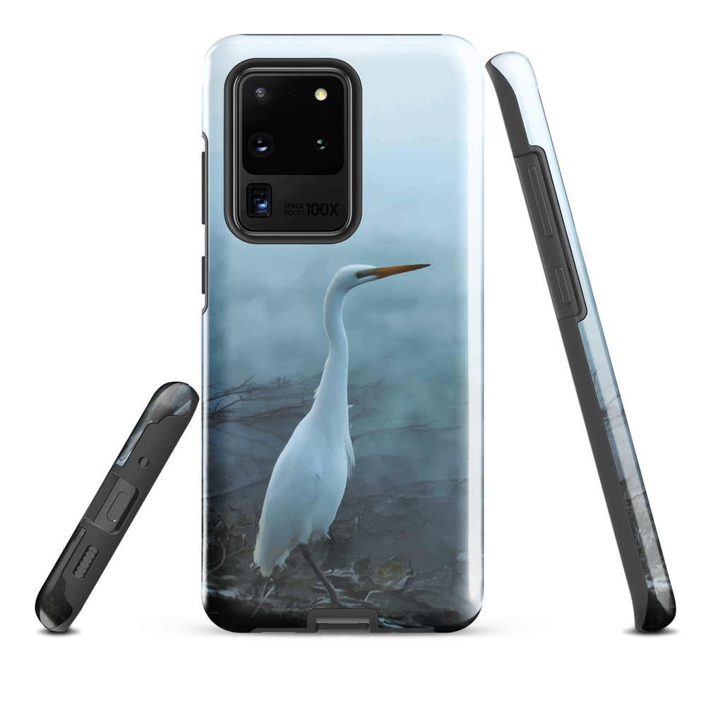 Phone case with a white heron standing in a misty wetland scene.