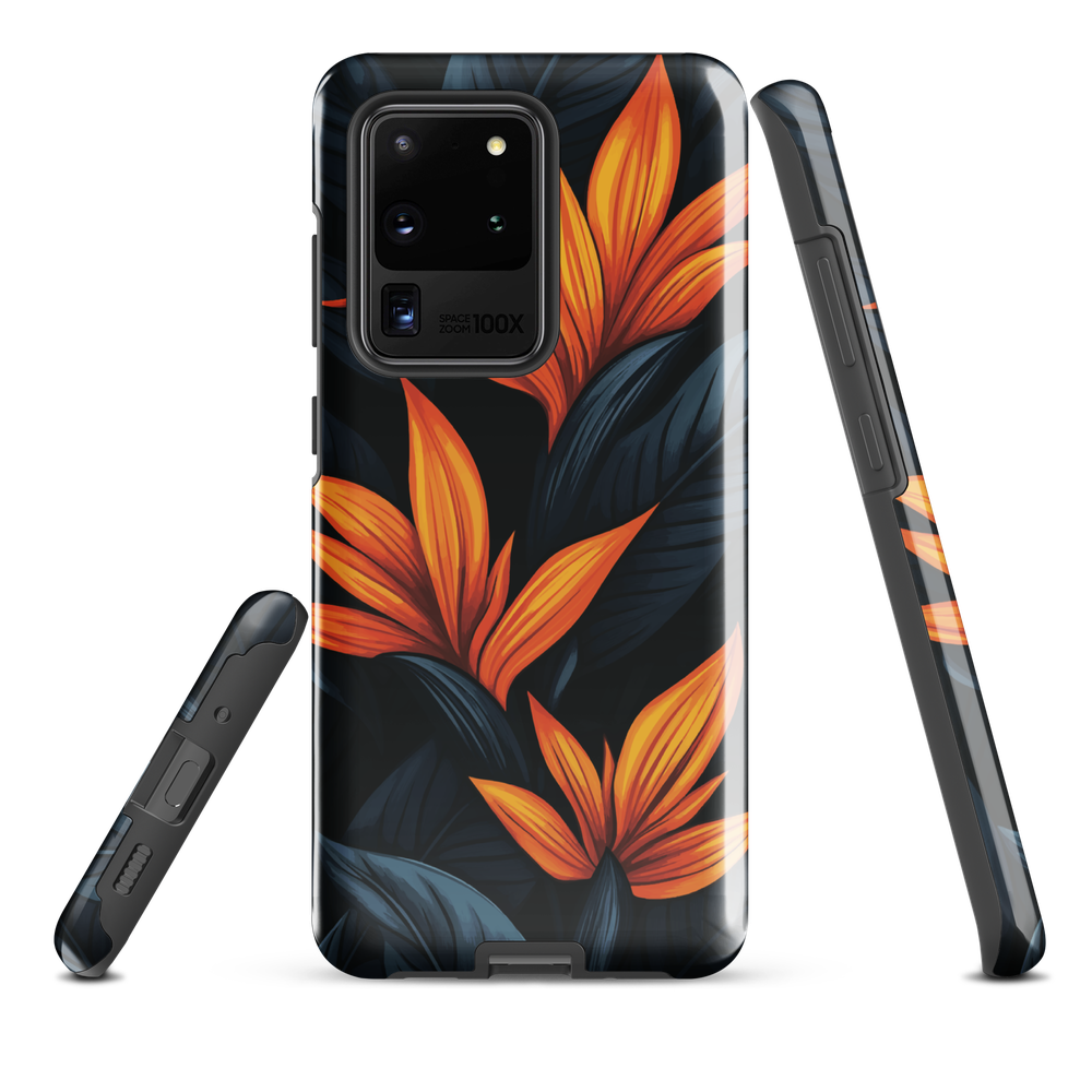 Phone case with bold orange bird of paradise flowers on dark background.