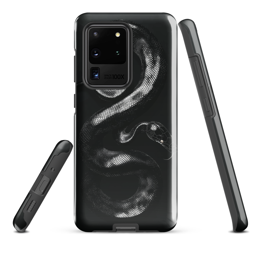 Phone case with detailed black python design on dark background.