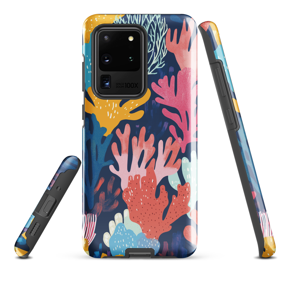 Colourful coral reef phone case design in pink, blue and yellow by NZ artist Ben Hart