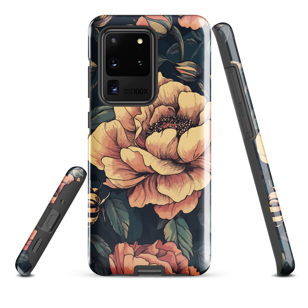 Phone case with vintage-style pink roses and bees on dark background, floral New Zealand artwork.