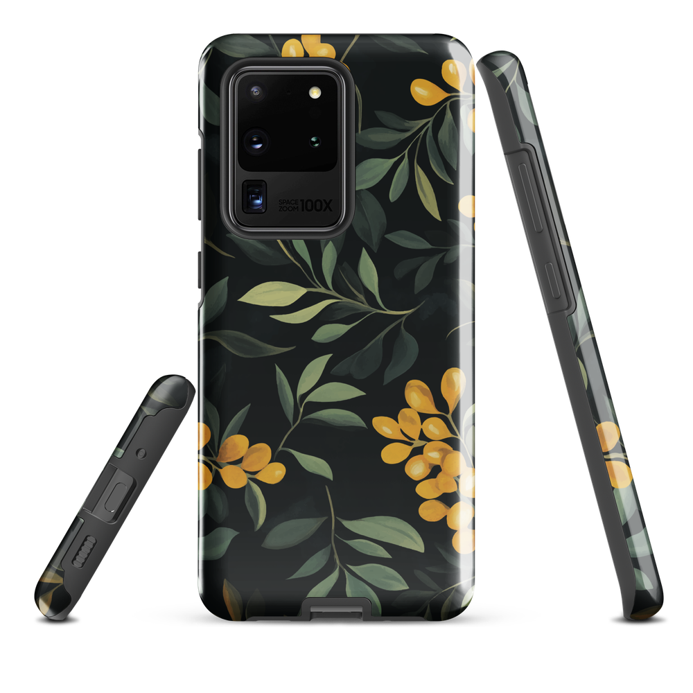 NZ Kowhai phone case with native yellow floral and green leaves on black background by designer Ben Hart.