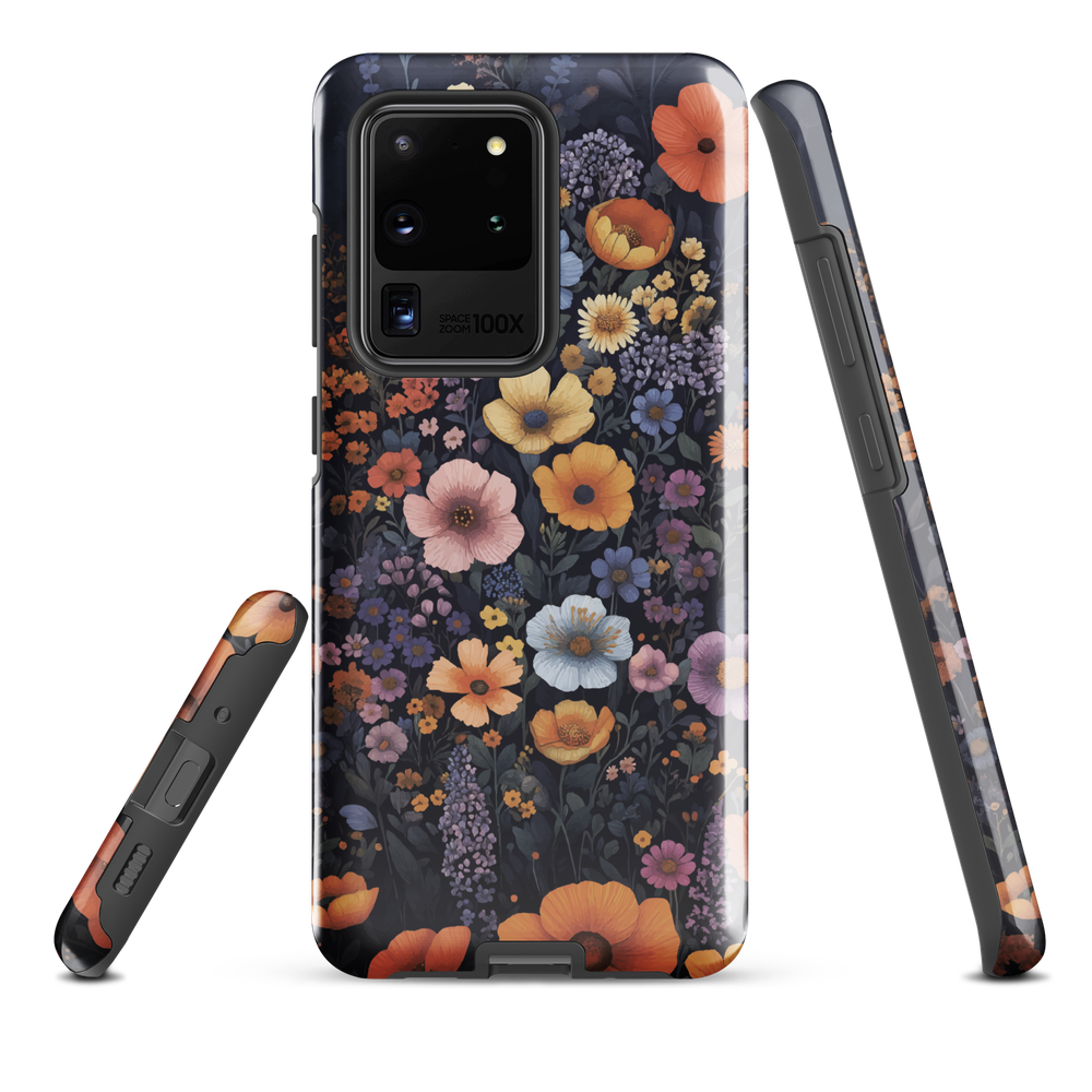 Phone case with colourful wildflowers on dark background, floral art design