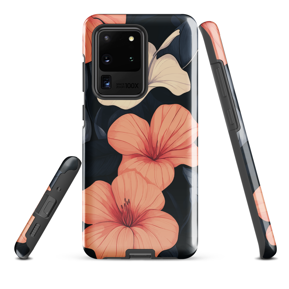 Phone case with coral hibiscus flowers and ivory blooms on dark background