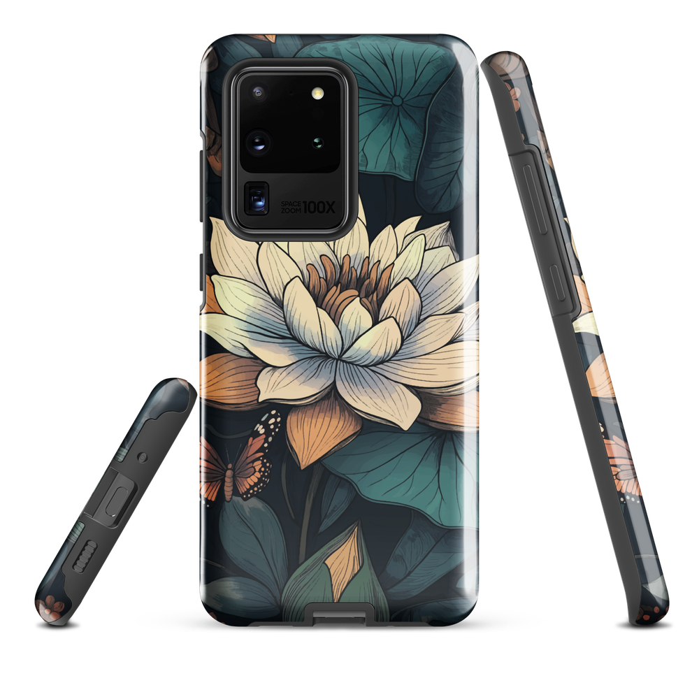 Phone case with ivory water lily, green leaves, and butterfly accents on dark background