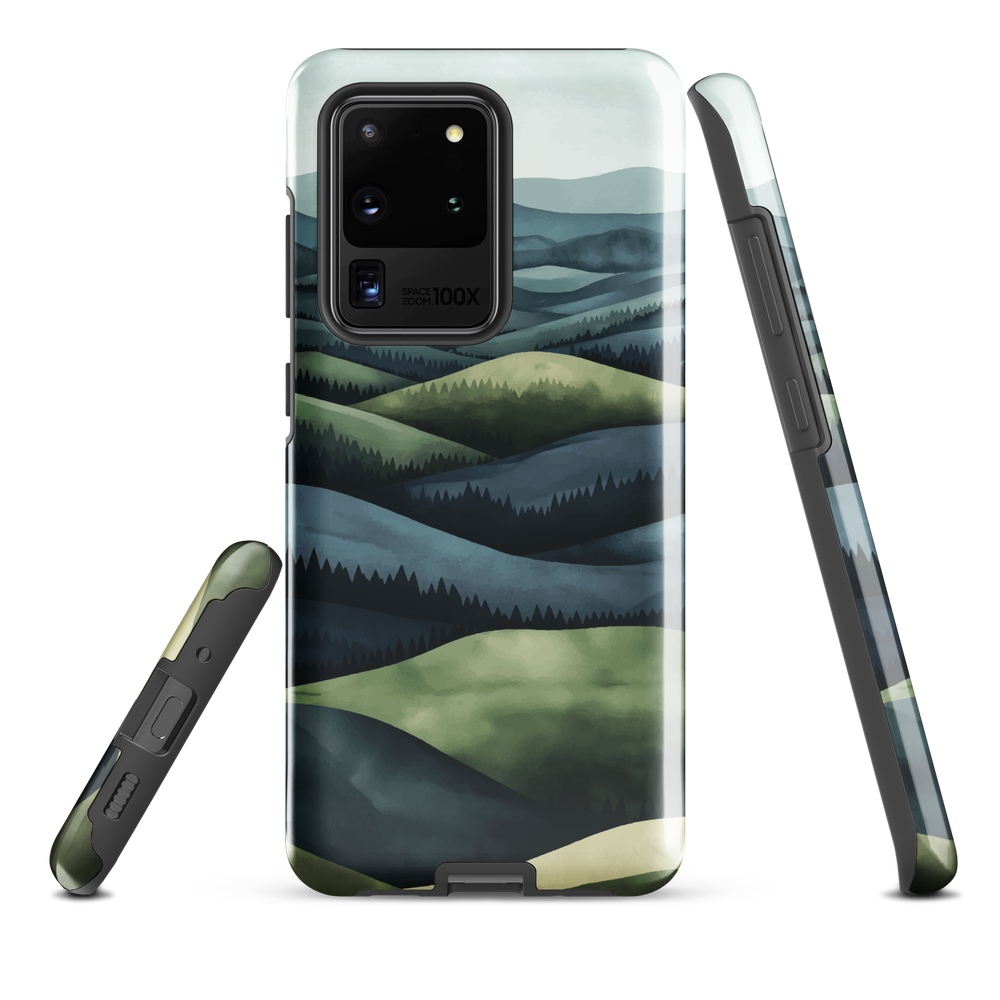 Phone case with layered mountain and forest landscape in blue and green hues