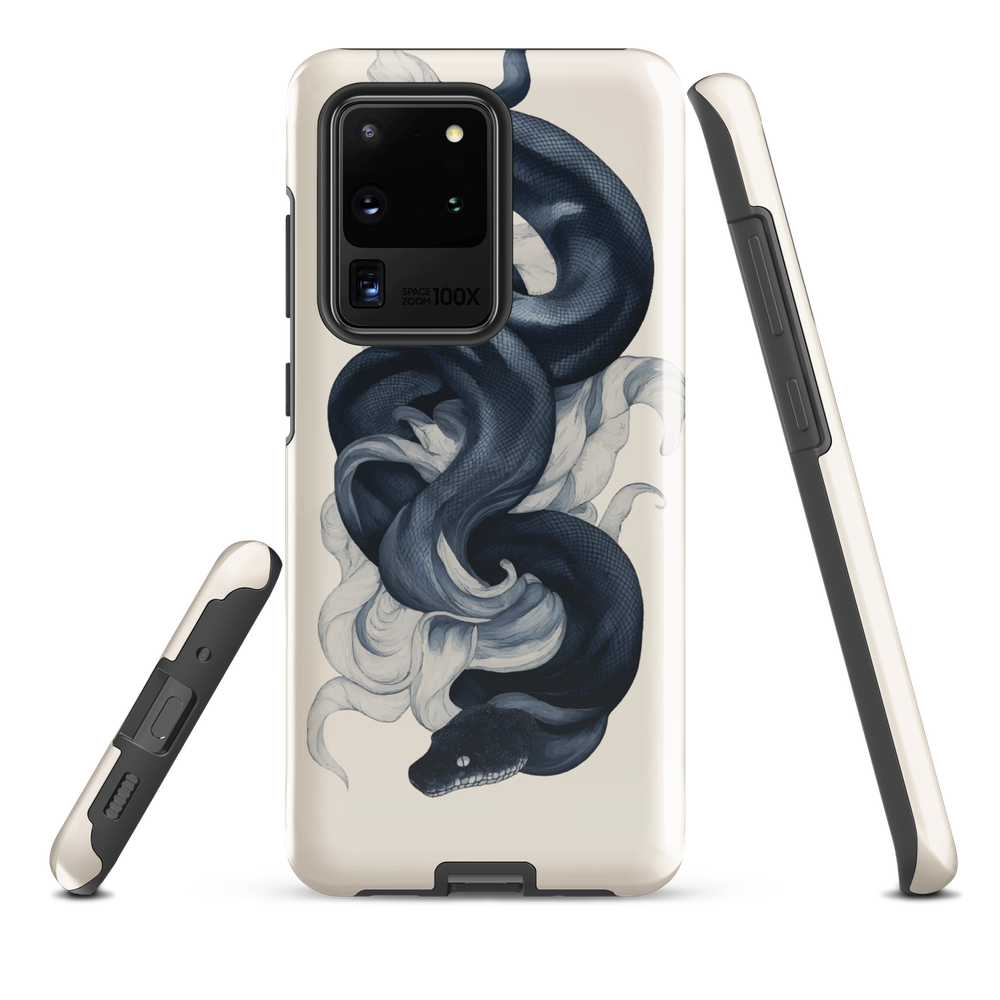 Phone case with black python and smoke design on cream background, serpent art by NZ artist Ben Hart.