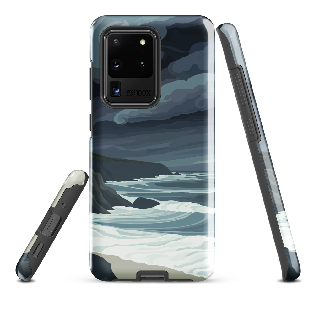 Phone case featuring moody Cape Kidnappers coastline with crashing waves and dark skies