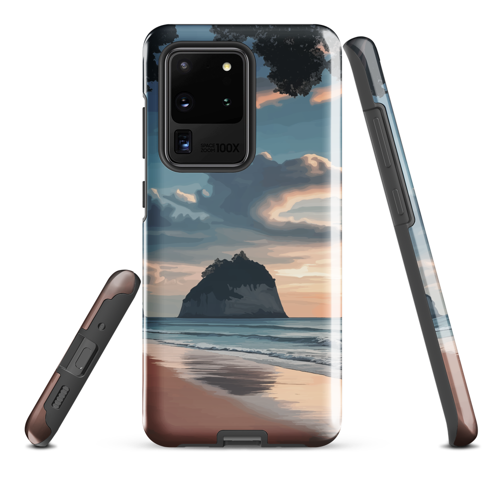 Phone case with Cathedral Cove beach and sunset scene, featuring soft skies and sea stack, by NZ artist Ben Hart.