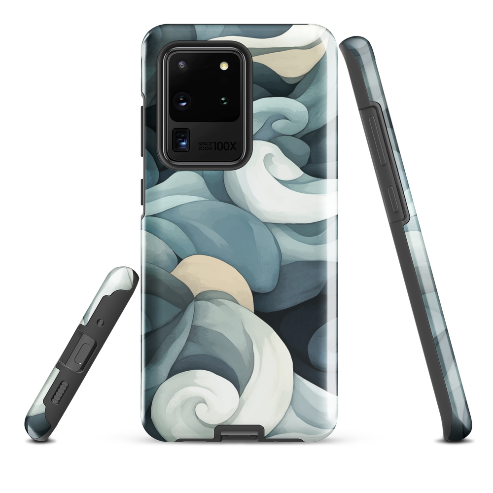 Phone case with abstract swirling ocean waves in blue and cream