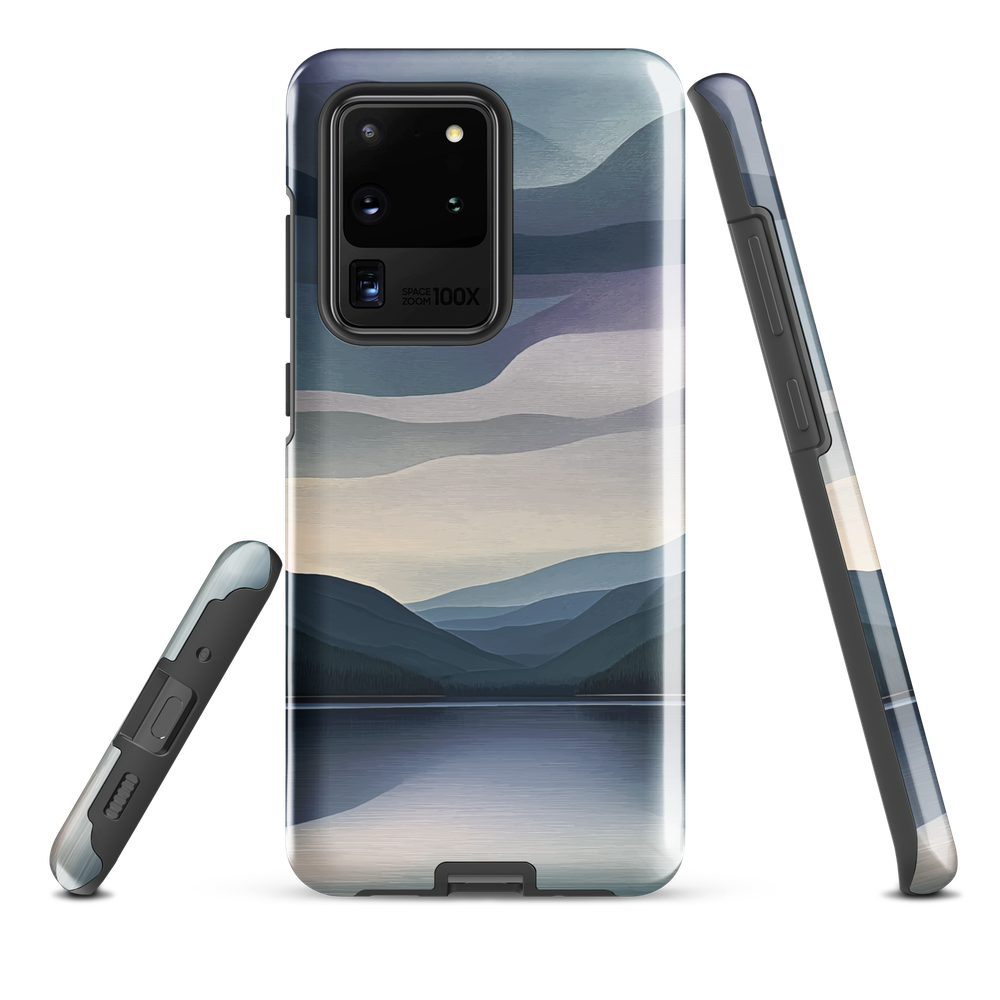 Phone case with moody blue and purple layered mountain and lake landscape artwork