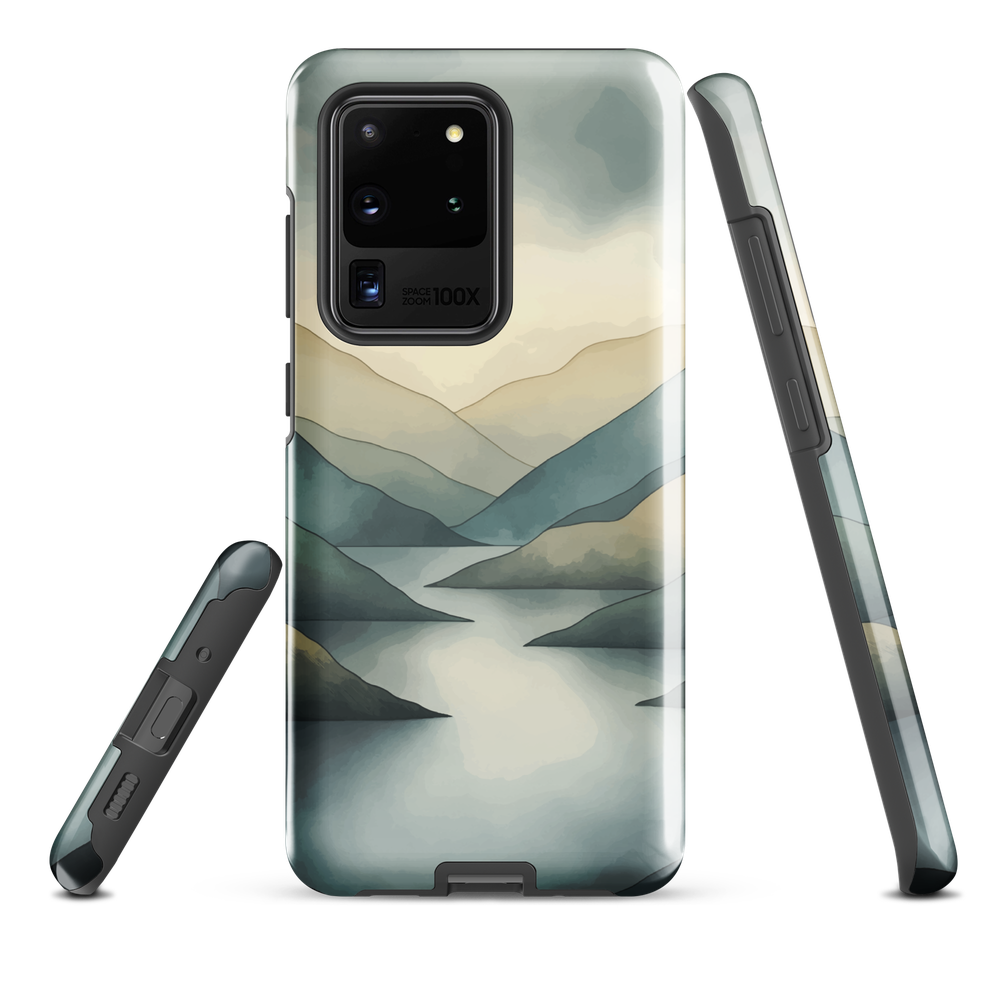 Phone case with soft mountain and valley design in misty green, blue, and golden tones