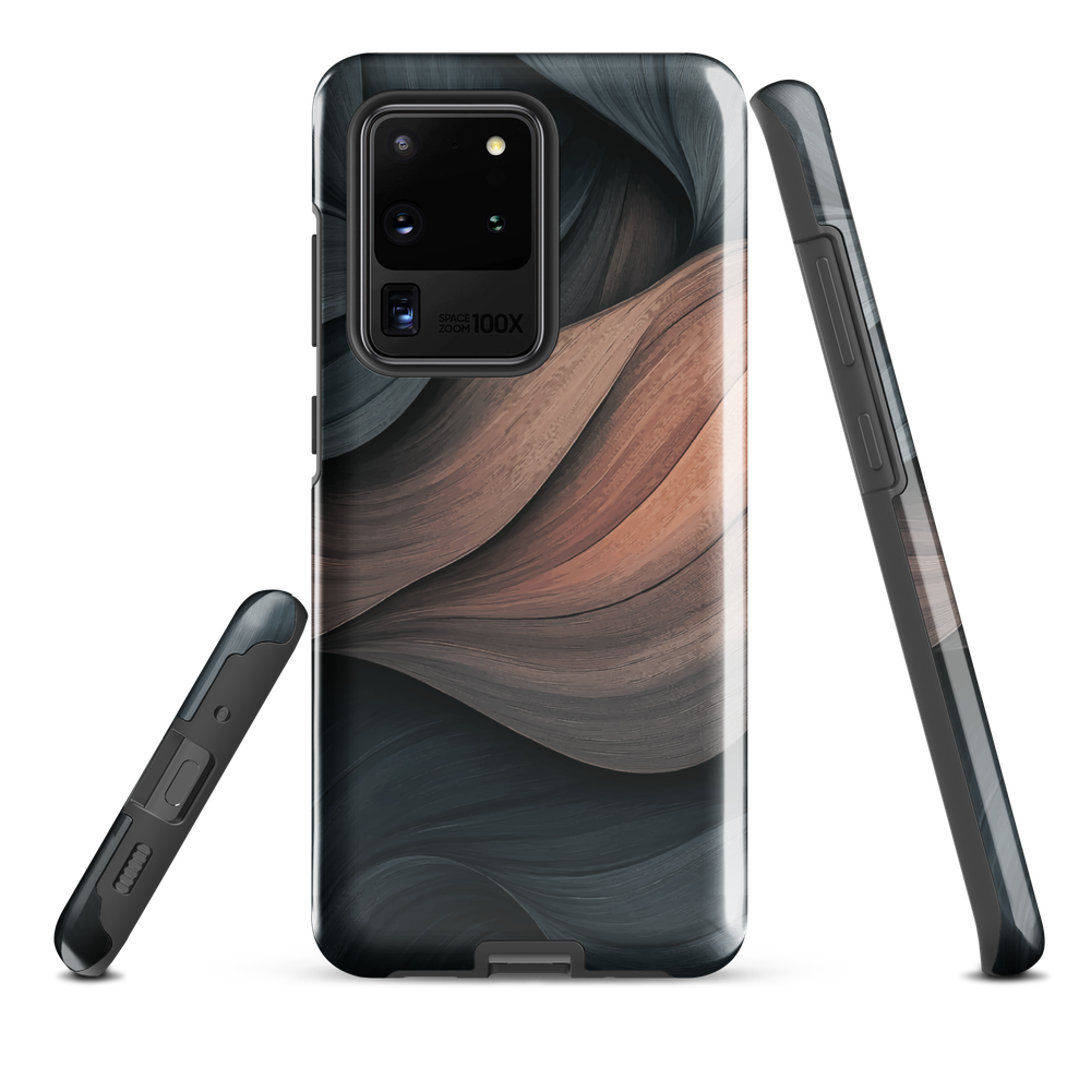 Phone case with flowing abstract design in black, copper and charcoal tones, inspired by dusk shadows