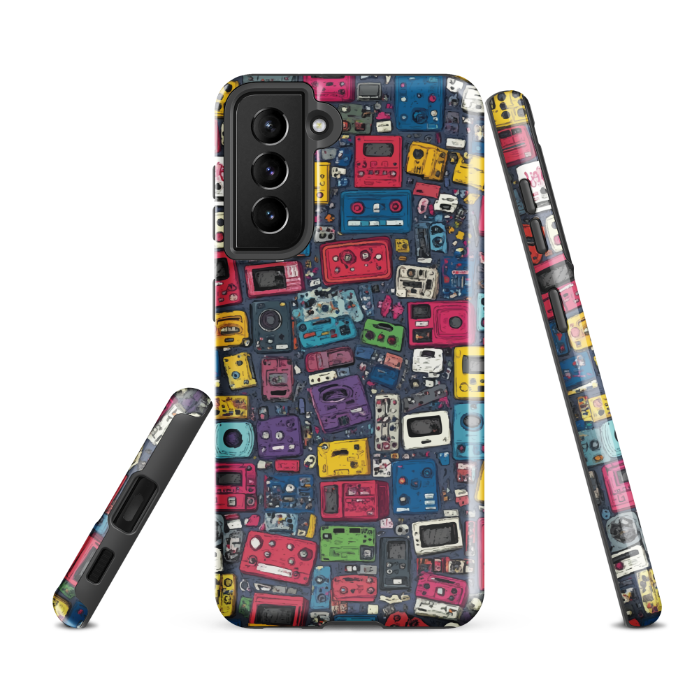 'Arcade' Samsung case, featuring a vibrant collage of hand-drawn controllers in bold, vintage-inspired colours. From electric blue and hot pink to classic black and yellow