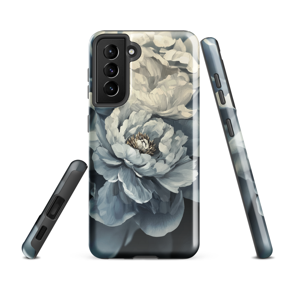 'Whisper' Samsung case features a stunning close-up of softly painted peony blooms in dreamy shades of ivory, grey, and smoky blue.