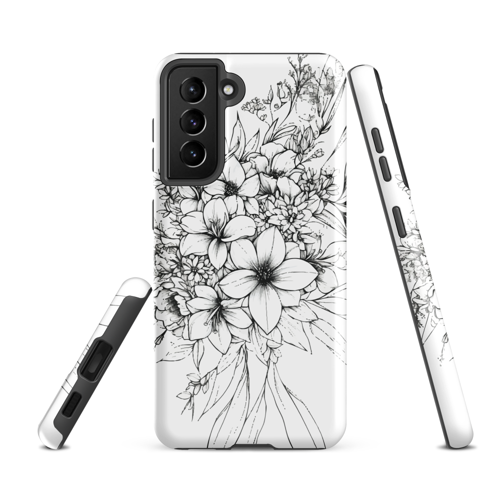 Black and white floral phone case with hand-drawn lilies and wildflowers