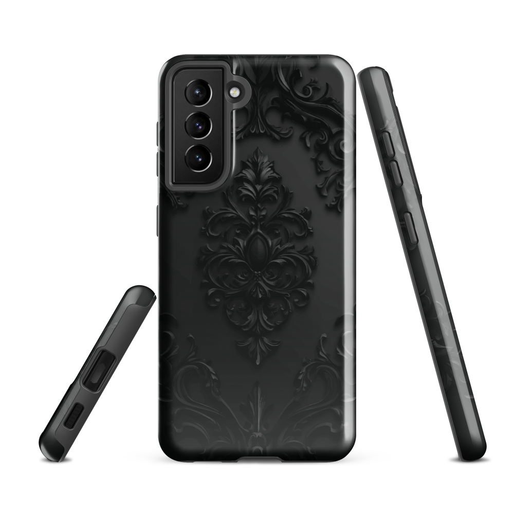 Black embossed damask phone case with gothic baroque pattern.