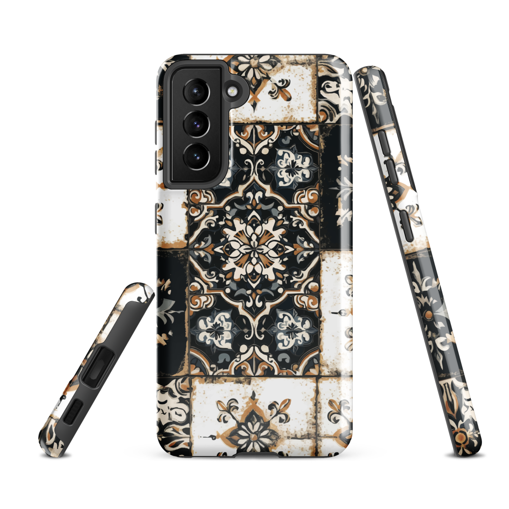 Moroccan tile pattern phone case in black, white, and gold tones with vintage-inspired design.