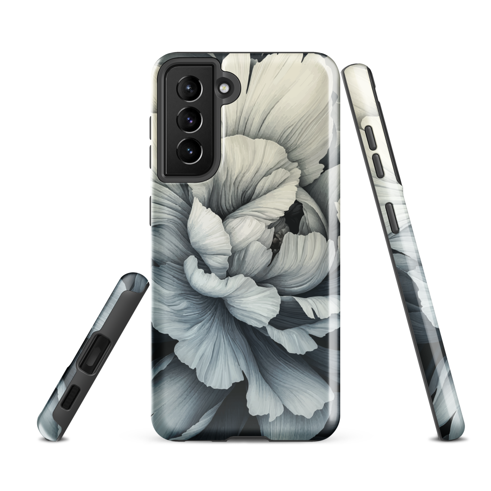 Black and white floral phone case featuring a soft, moody peony design by New Zealand artist Ben Hart.