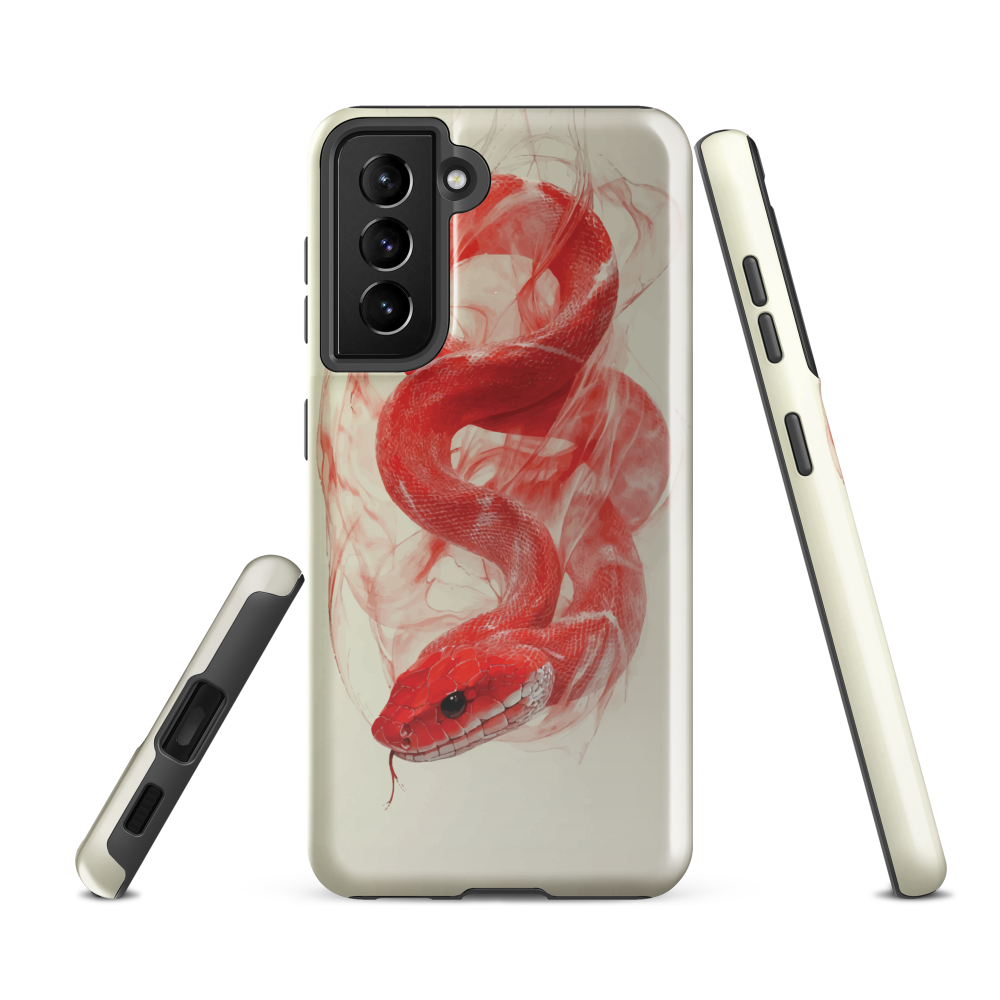 Phone case with red snake design on a cream background, coiled in smoky detail. Bold artwork by NZ designer Ben Hart.