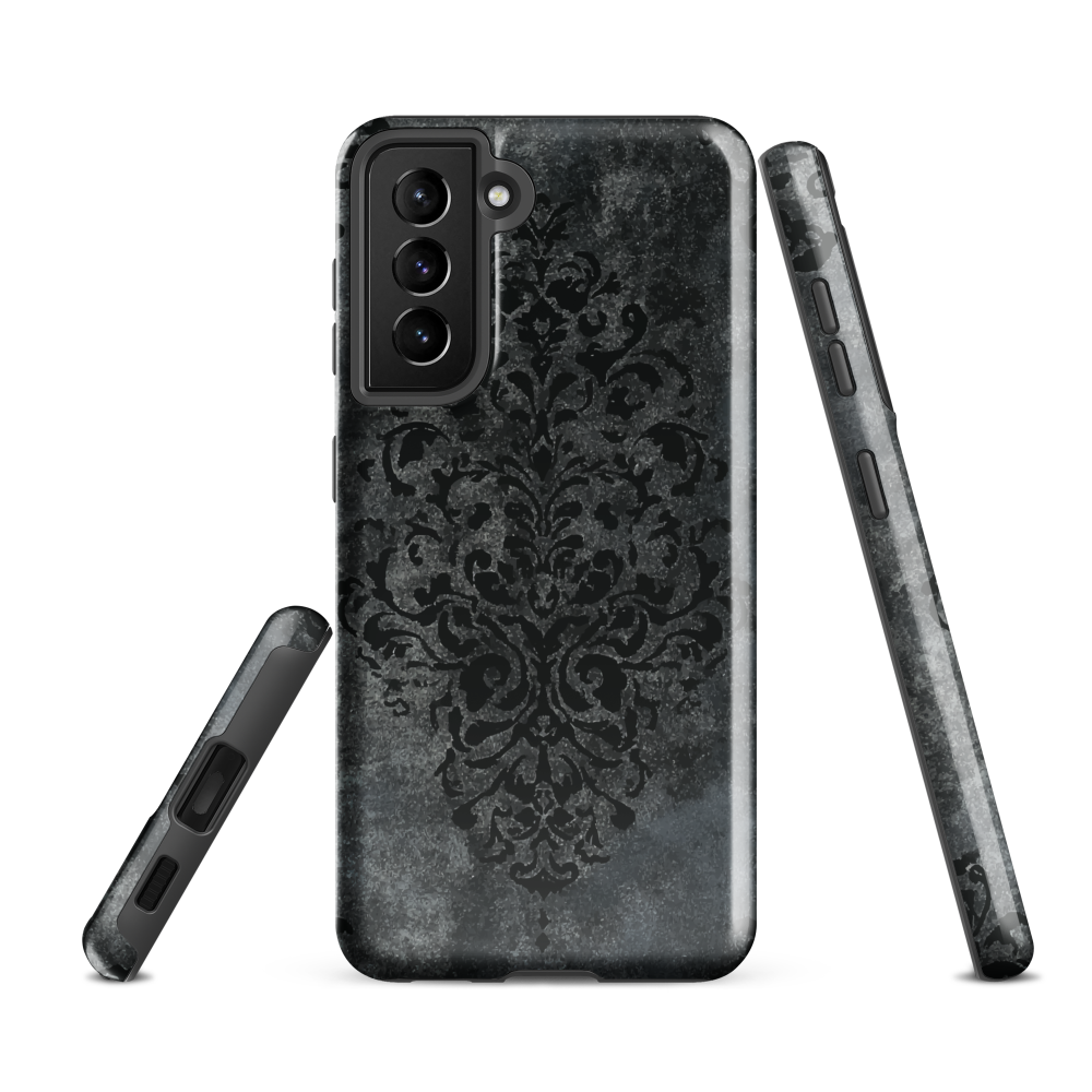 Dark damask patterned phone case with a vintage gothic aesthetic and textured stone background.