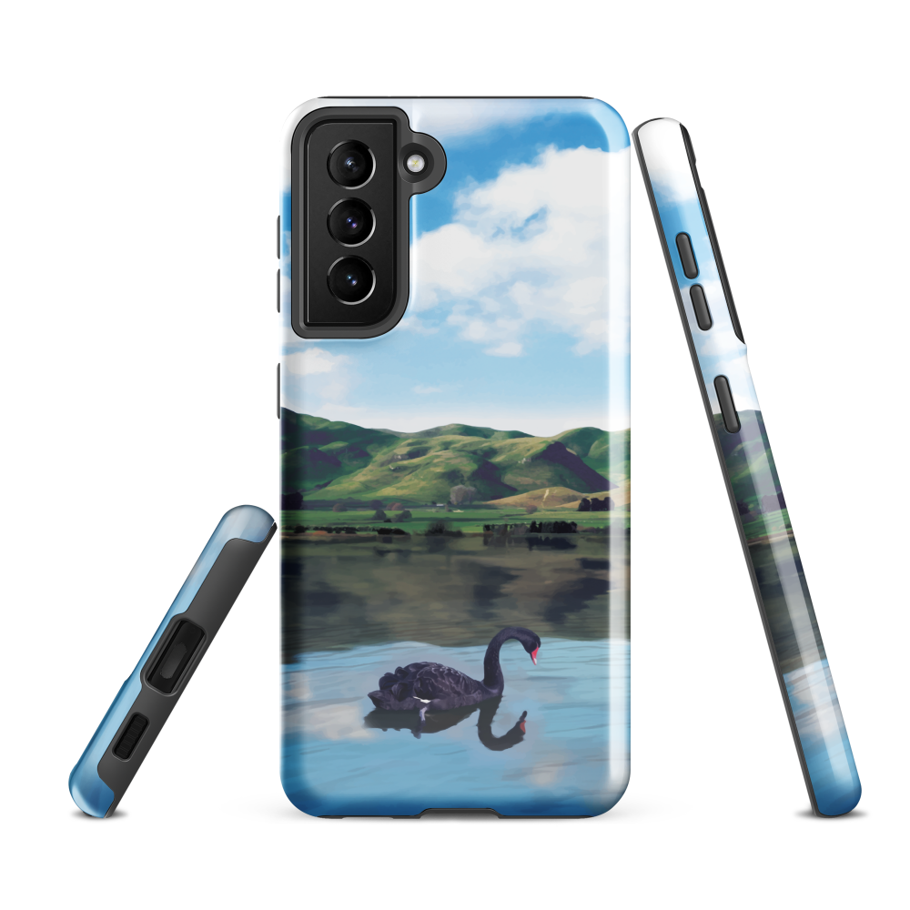 Phone case with a black swan on a calm lake, New Zealand hills in the background. Art by NZ designer Ben Hart.