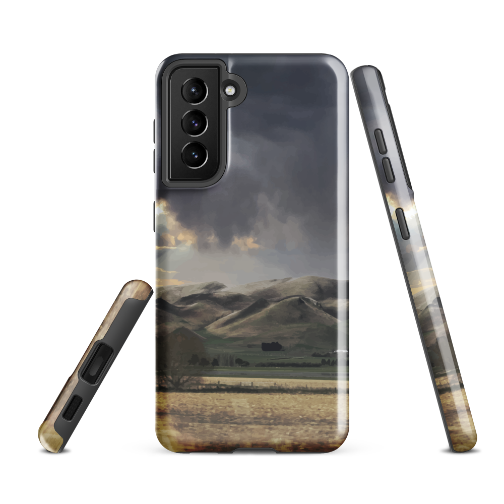 Designer phone case with NZ landscape painting of Te Hauke and cloudy skies by Ben Hart.