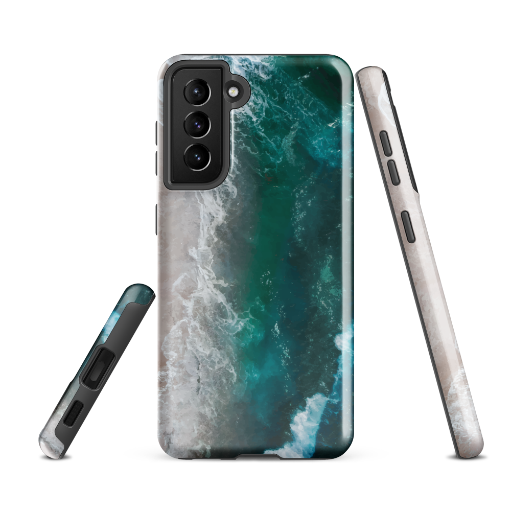 Ocean wave phone case with abstract beach design in teal and white, by NZ artist Ben Hart.