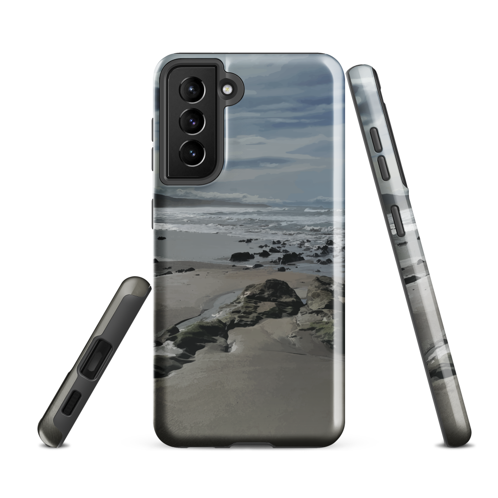Phone case with artwork of Riversdale Beach, Masterton – rocks, waves and sky by NZ artist Ben Hart.