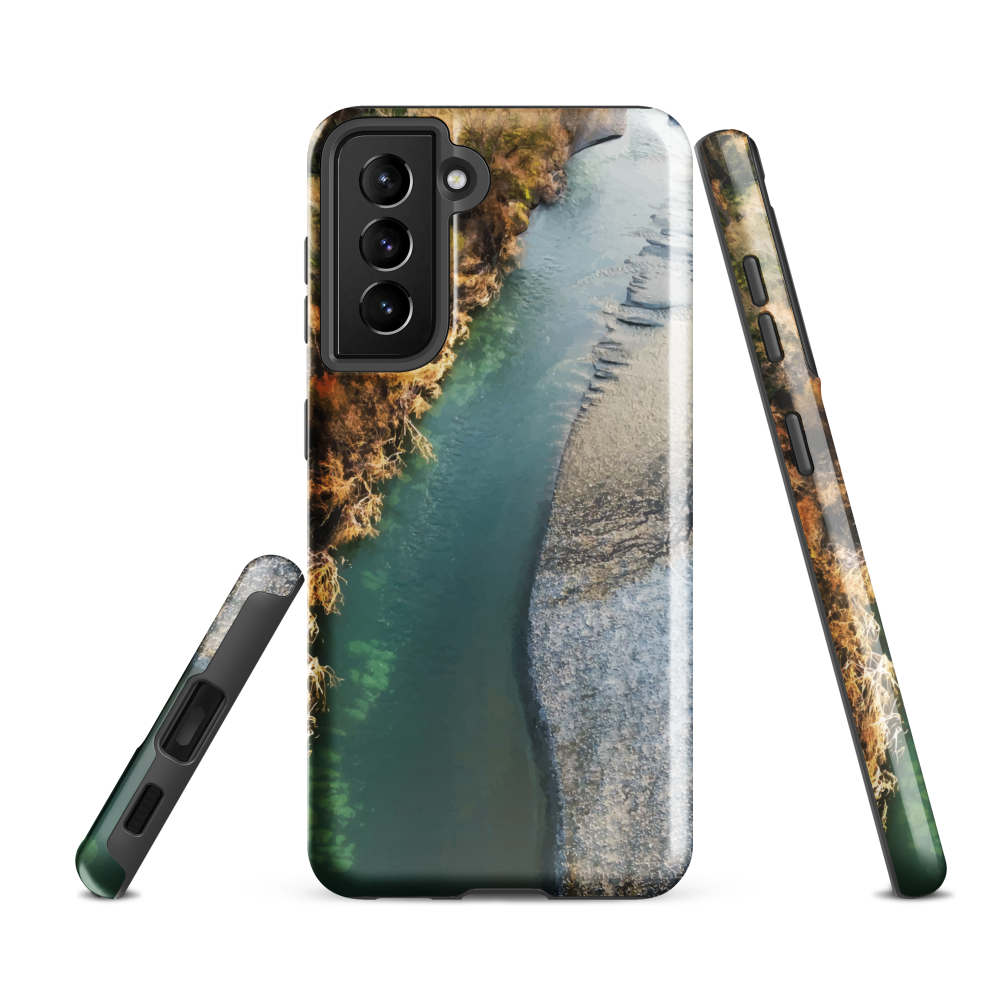 Phone case with aerial riverbend artwork and earthy tones, designed by New Zealand artist Ben Hart.