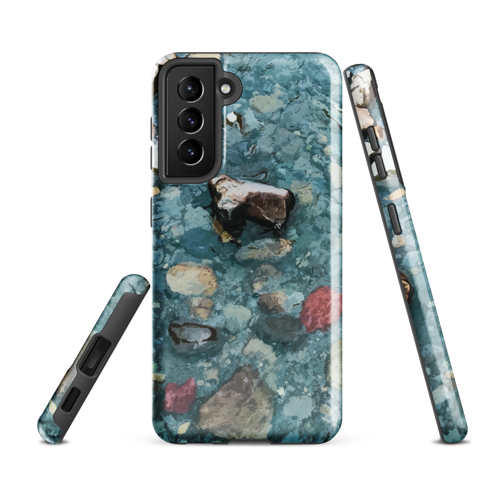 Washed Away designer phone case with abstract river stone artwork in earthy blues and natural tones.