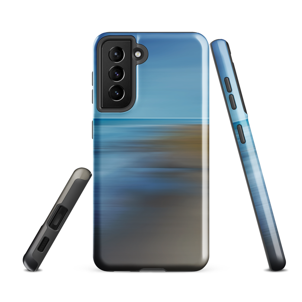 Ocean Breeze phone case with abstract blue and sandy tones inspired by sea and sky.