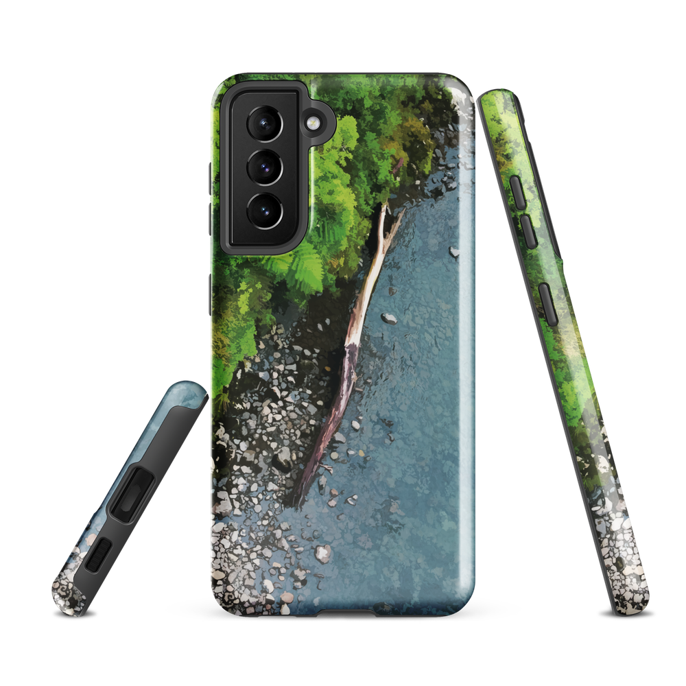 Resting Place phone case with aerial artwork of river rocks, green bush, and driftwood in a New Zealand stream.