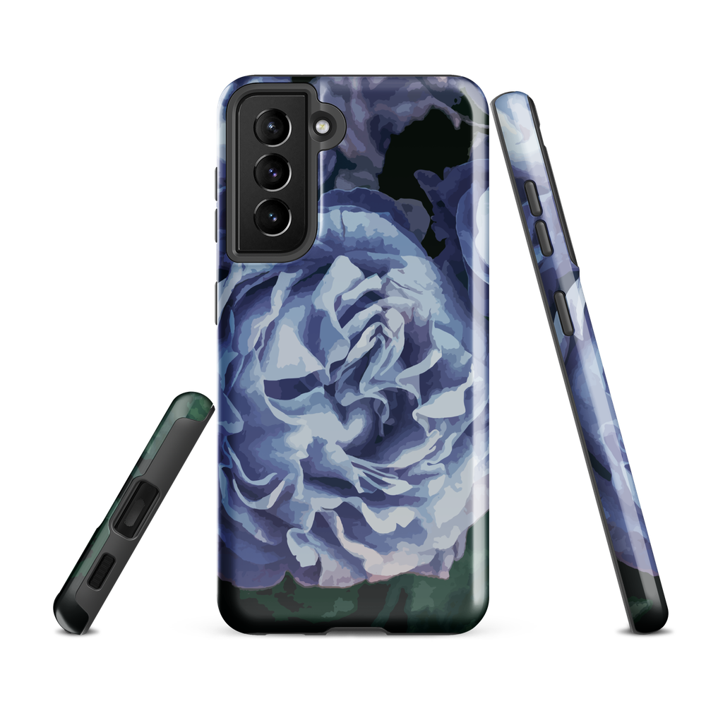 Designer phone case with a bold blue rose artwork and glossy finish.