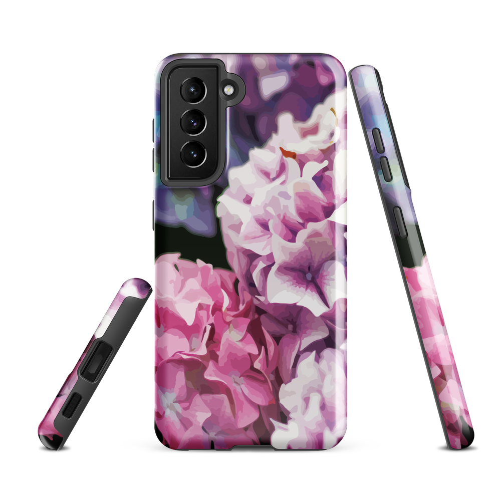 Designer phone case with pink and purple hydrangea floral artwork.