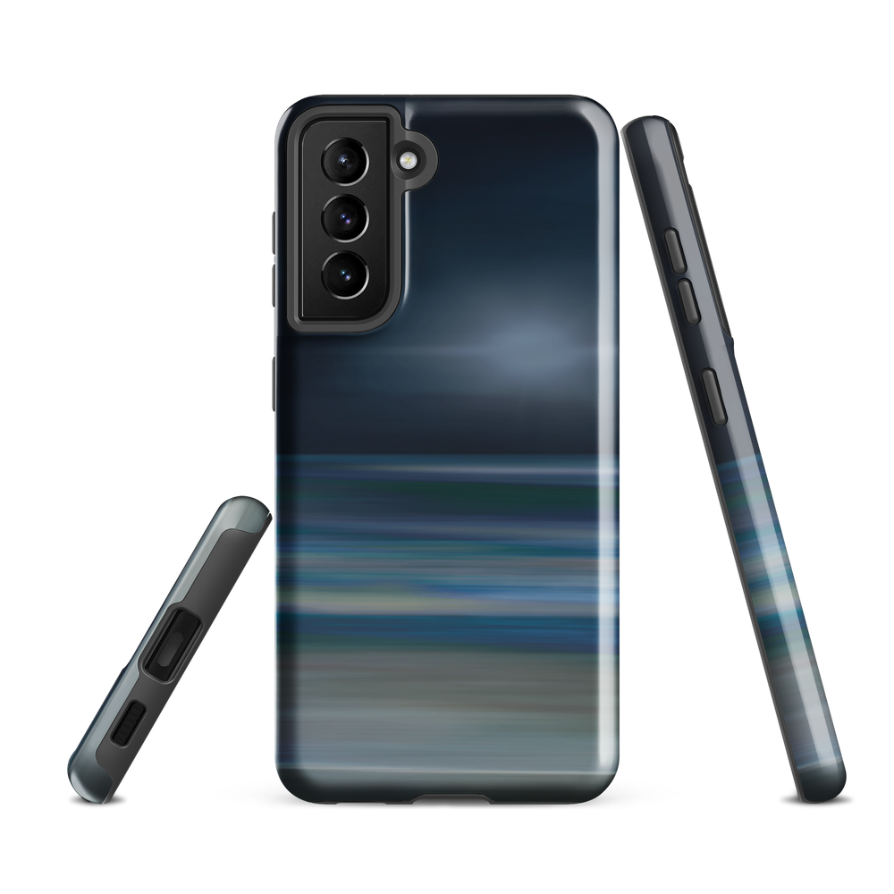 Dark abstract phone case with blue and grey streaks and glossy finish.