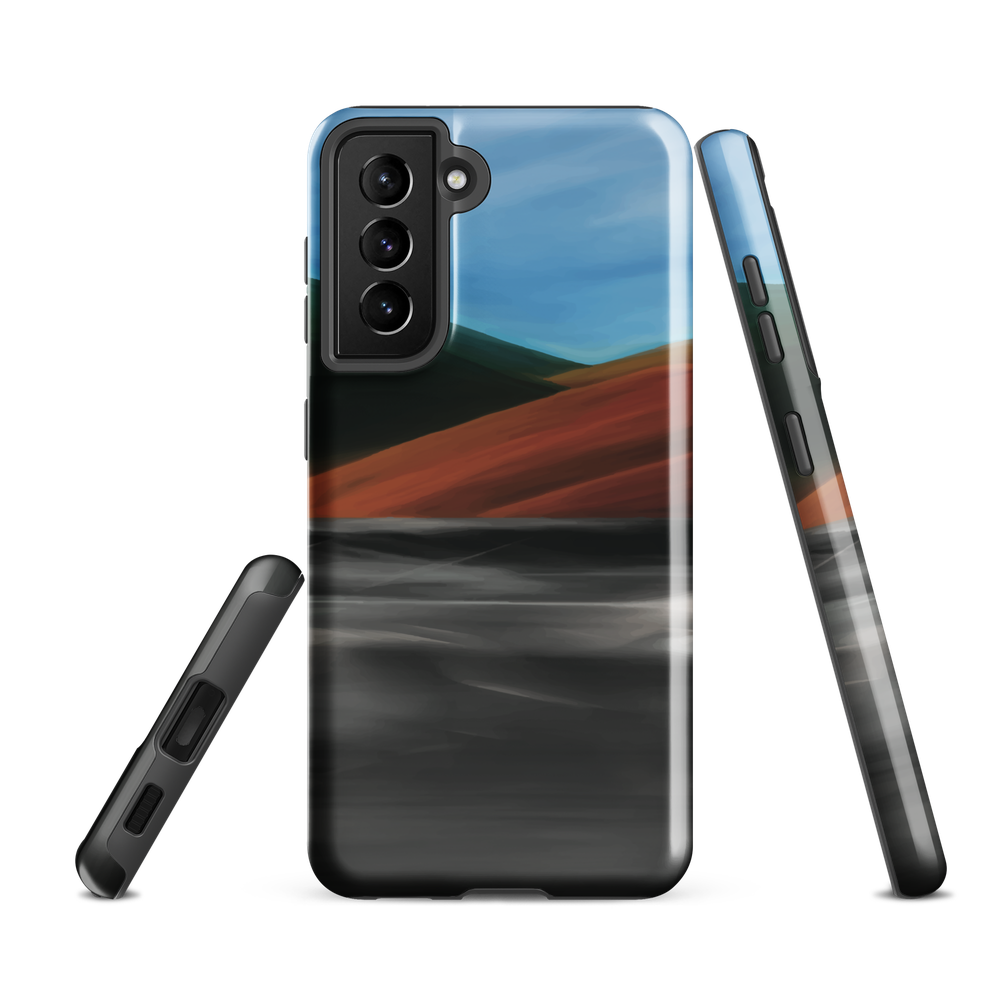 Phone case with abstract red, green, and blue heat wave landscape design.
