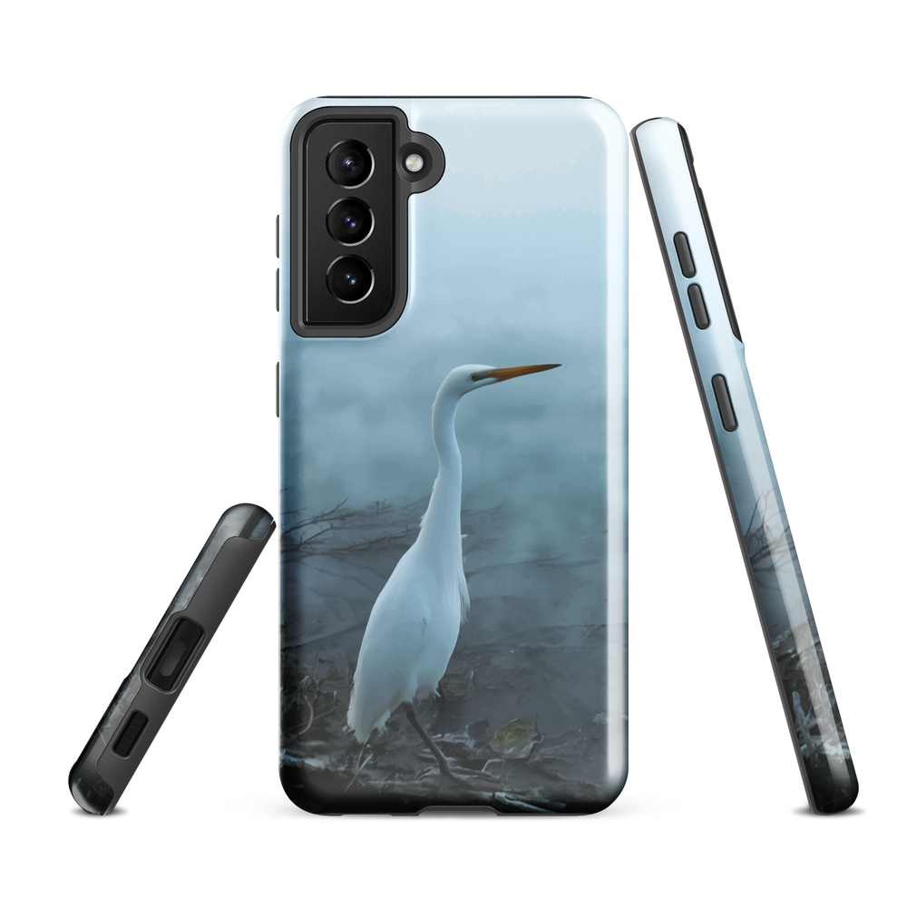 Phone case with a white heron standing in a misty wetland scene.