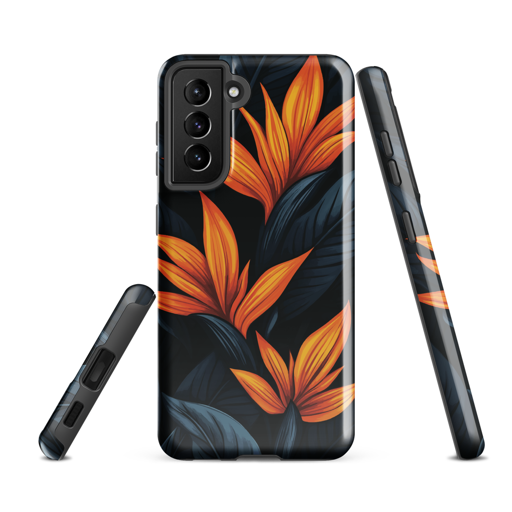 Phone case with bold orange bird of paradise flowers on dark background.