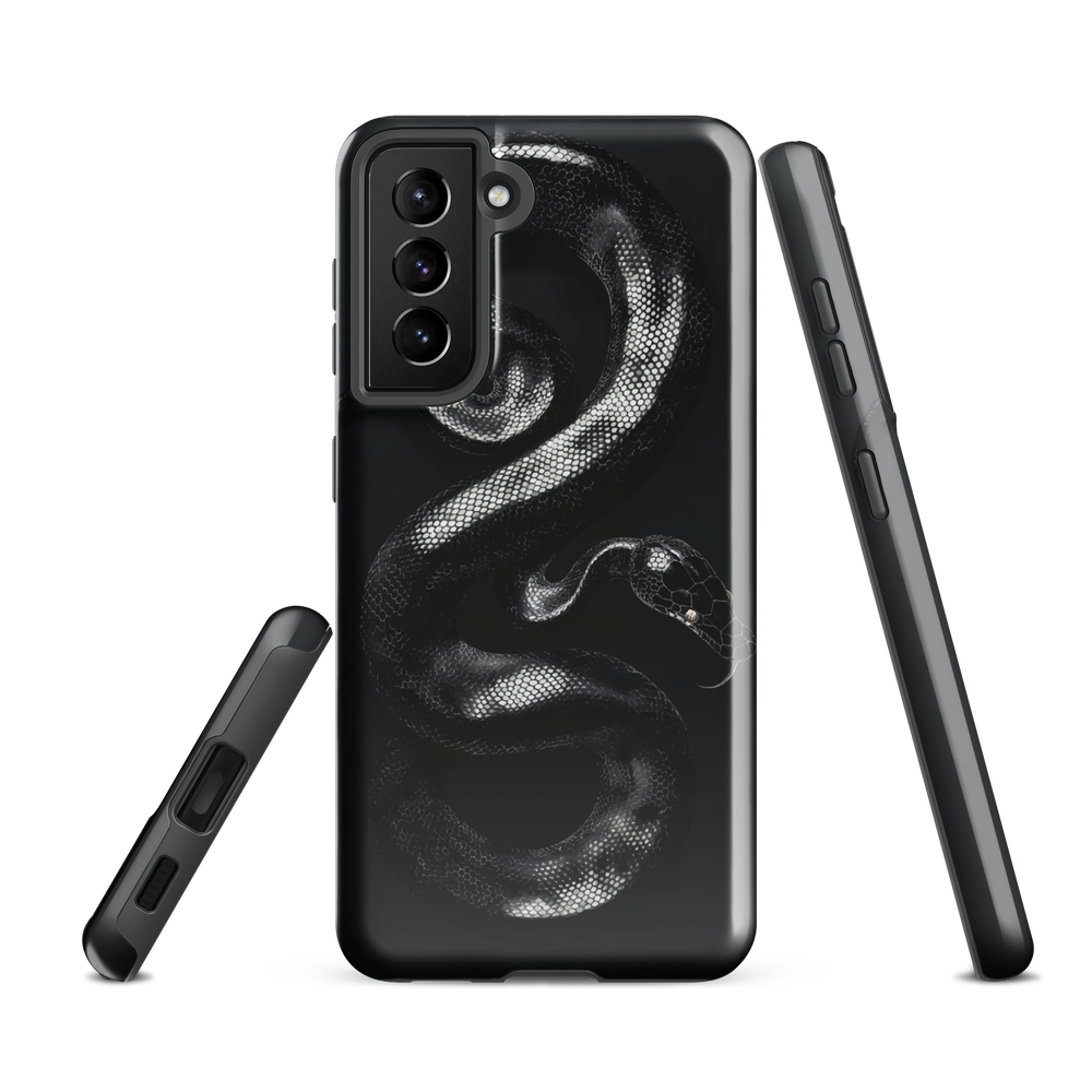 Phone case with detailed black python design on dark background.