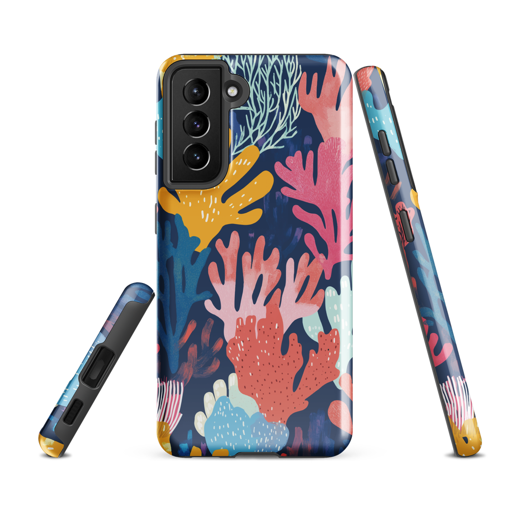 Colourful coral reef phone case design in pink, blue and yellow by NZ artist Ben Hart