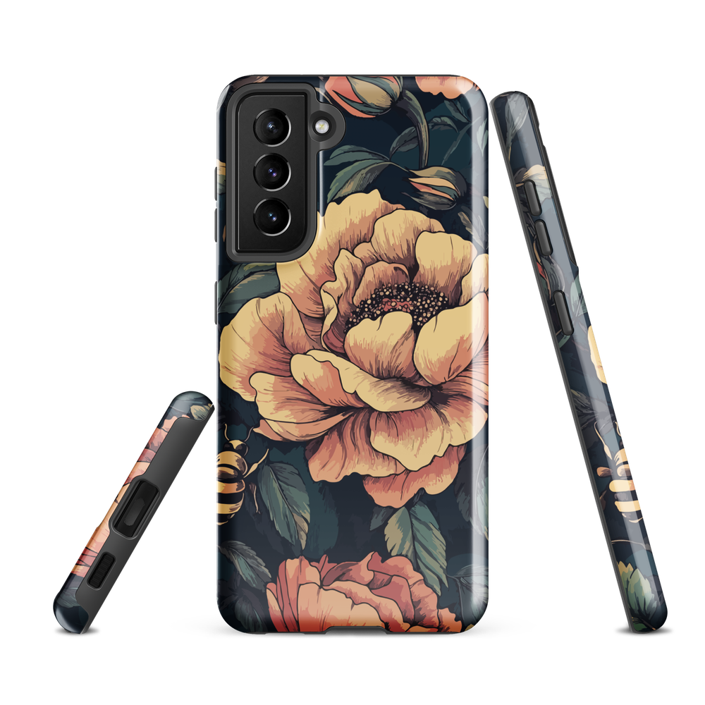 Phone case with vintage-style pink roses and bees on dark background, floral New Zealand artwork.