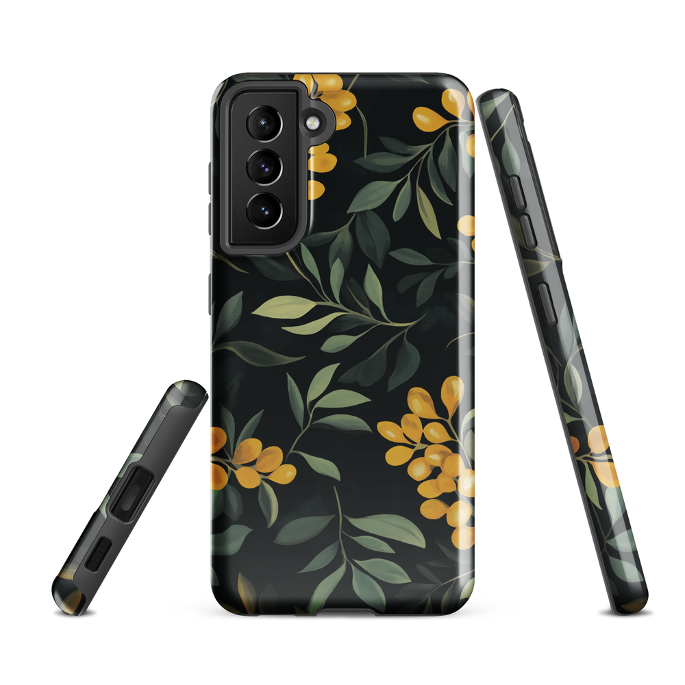 NZ Kowhai phone case with native yellow floral and green leaves on black background by designer Ben Hart.