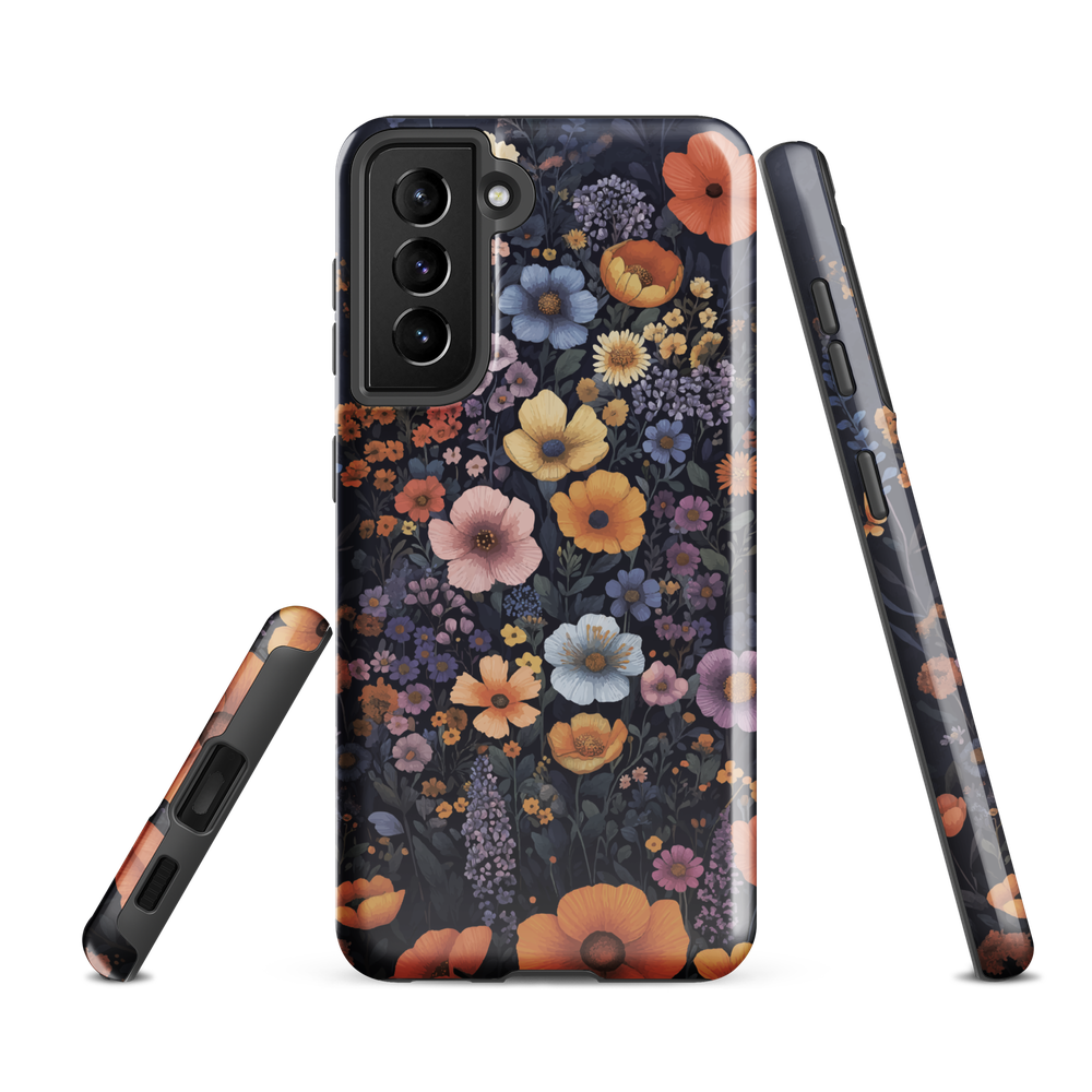 Phone case with colourful wildflowers on dark background, floral art design