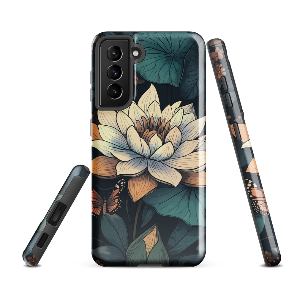 Phone case with ivory water lily, green leaves, and butterfly accents on dark background