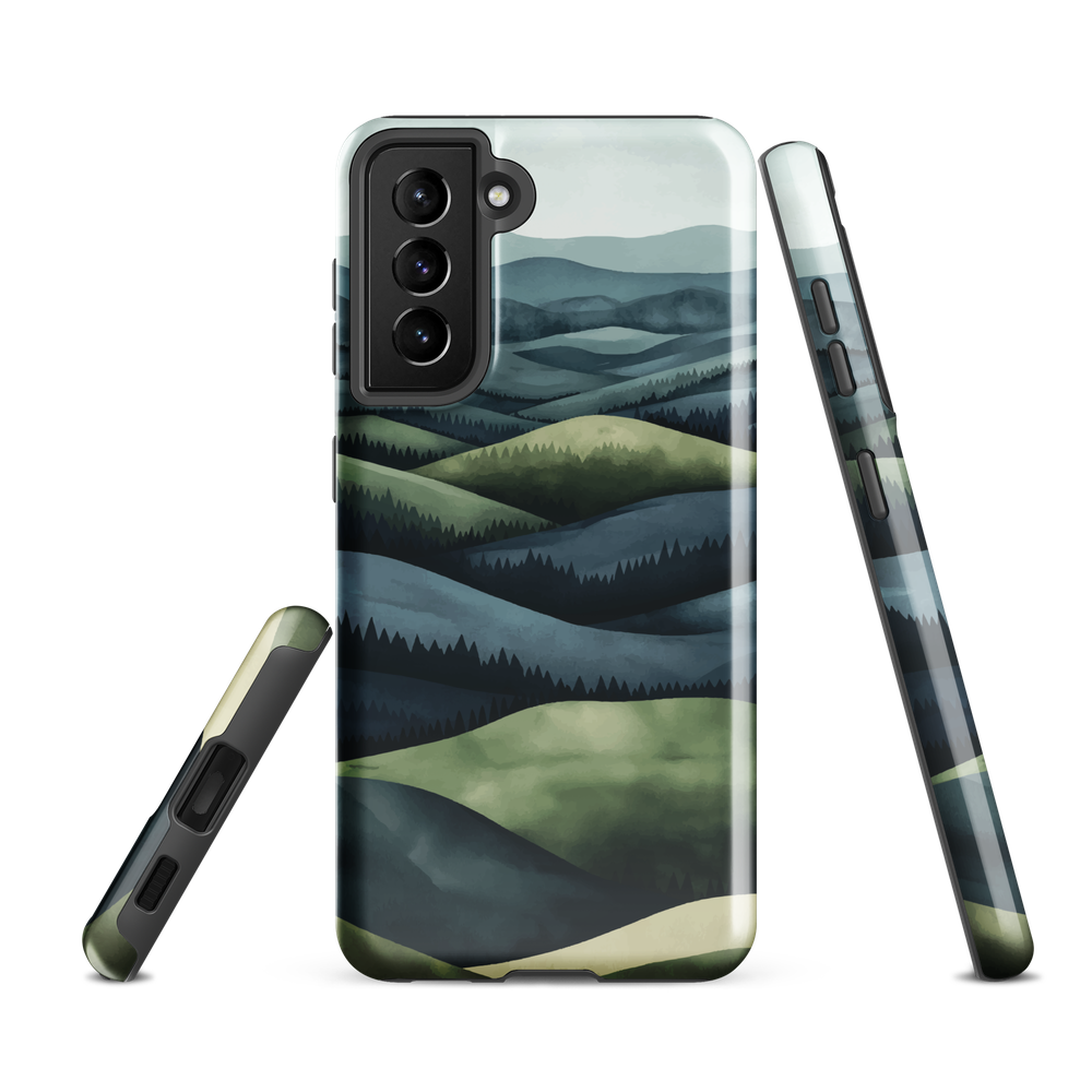 Phone case with layered mountain and forest landscape in blue and green hues
