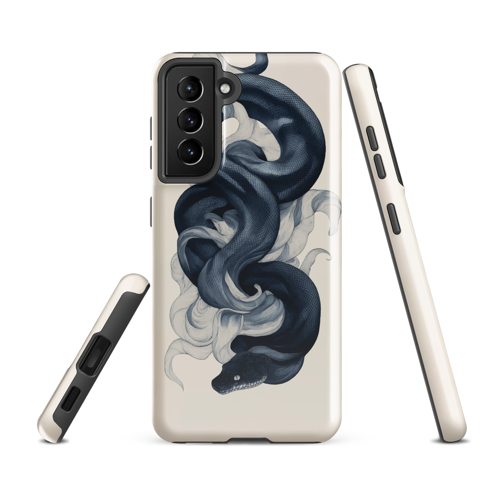 Phone case with black python and smoke design on cream background, serpent art by NZ artist Ben Hart.