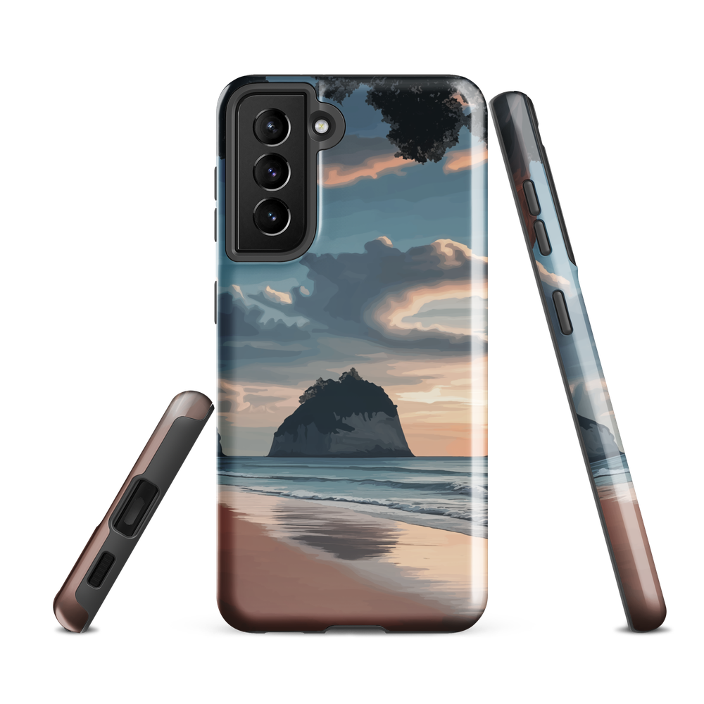Phone case with Cathedral Cove beach and sunset scene, featuring soft skies and sea stack, by NZ artist Ben Hart.